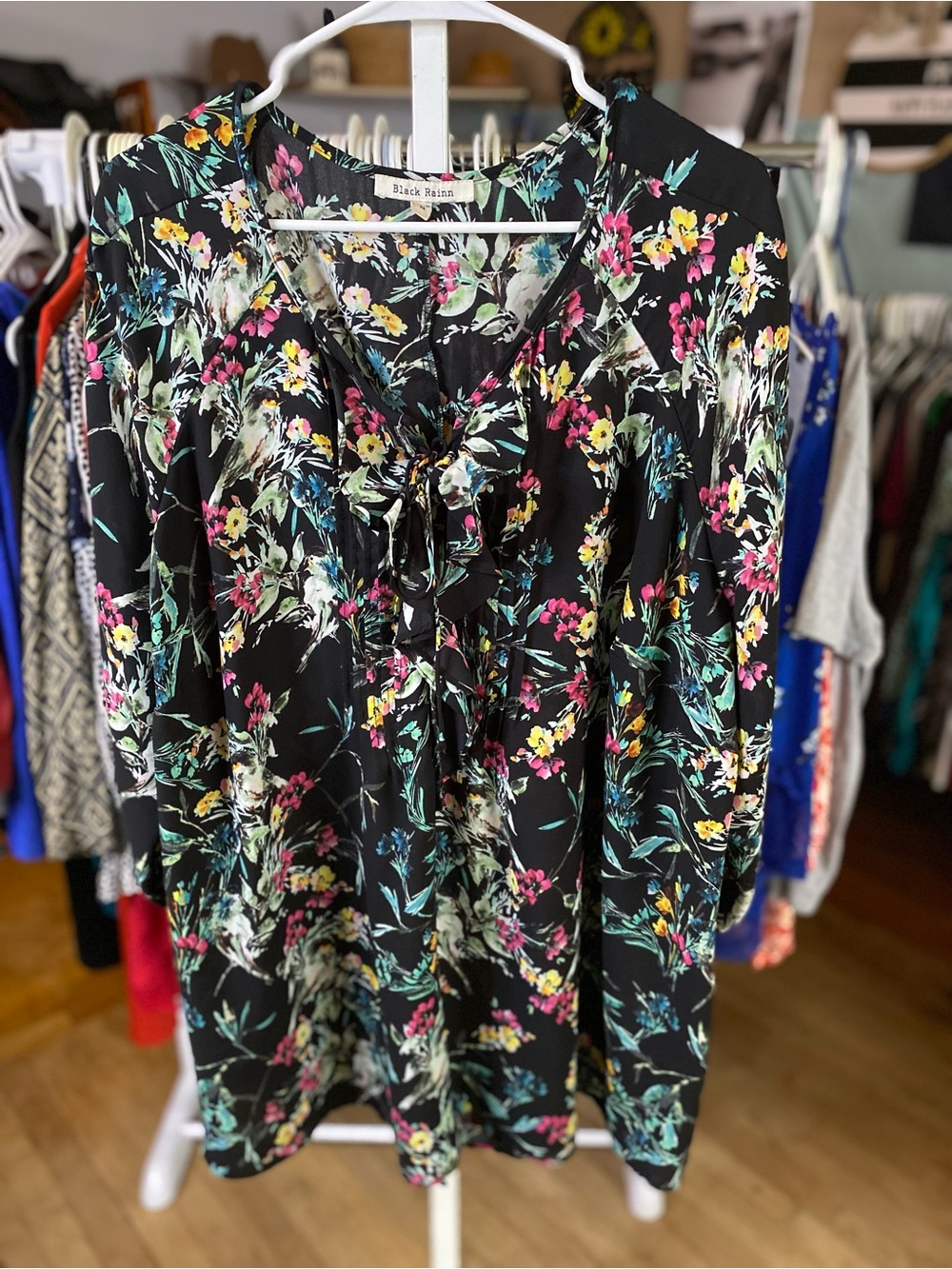 Black Rainn Black Floral Tie-Front Tunic